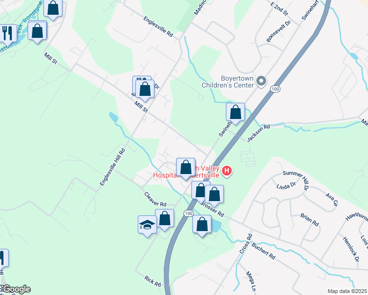 map of restaurants, bars, coffee shops, grocery stores, and more near 456 Mill Street in Boyertown