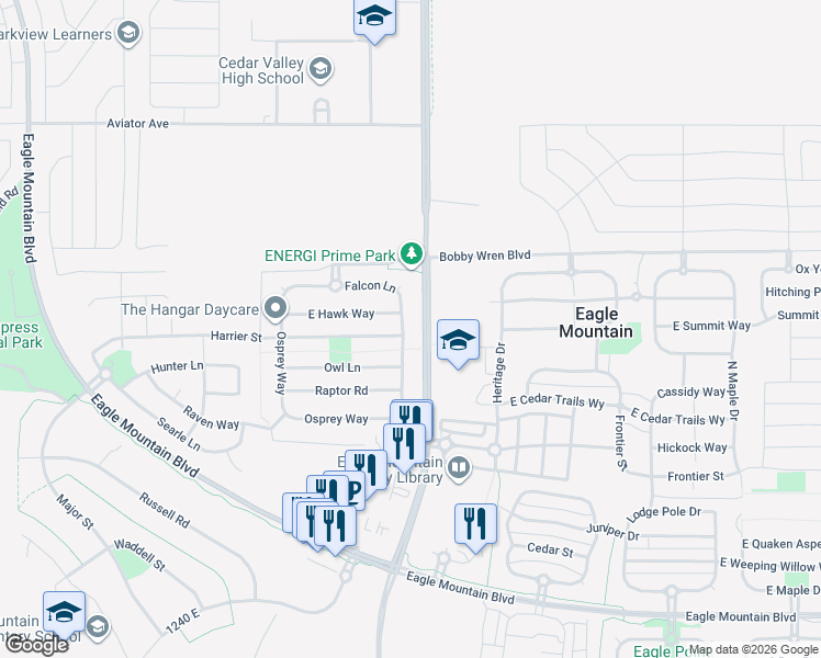 map of restaurants, bars, coffee shops, grocery stores, and more near 4580 Kestrel Way in Eagle Mountain