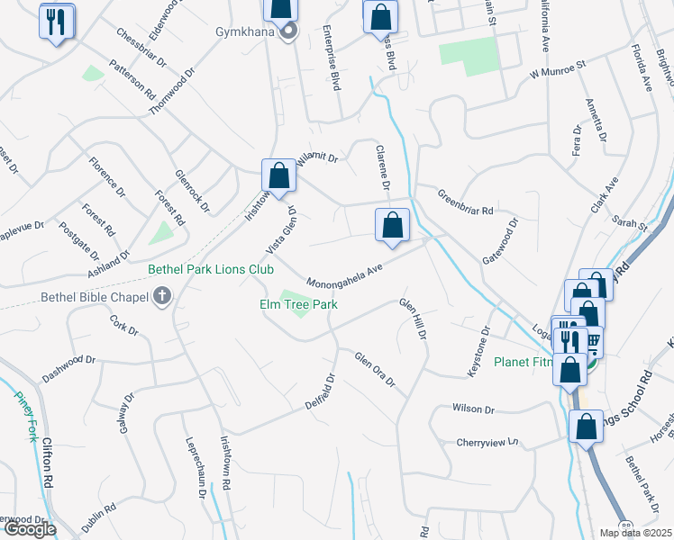 map of restaurants, bars, coffee shops, grocery stores, and more near 5896 Monongahela Avenue in Bethel Park