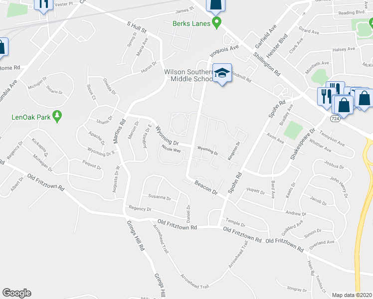 map of restaurants, bars, coffee shops, grocery stores, and more near 216 Nicole Way in Sinking Spring