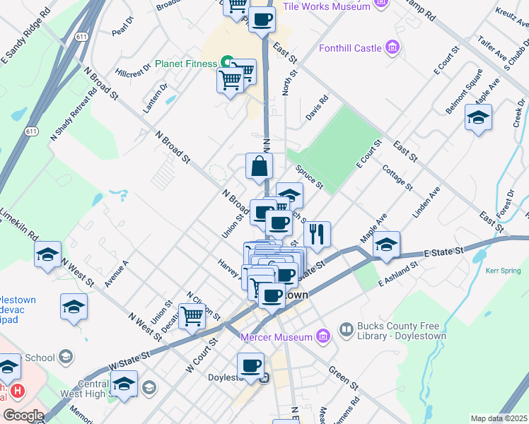 map of restaurants, bars, coffee shops, grocery stores, and more near 182 North Main Street in Doylestown