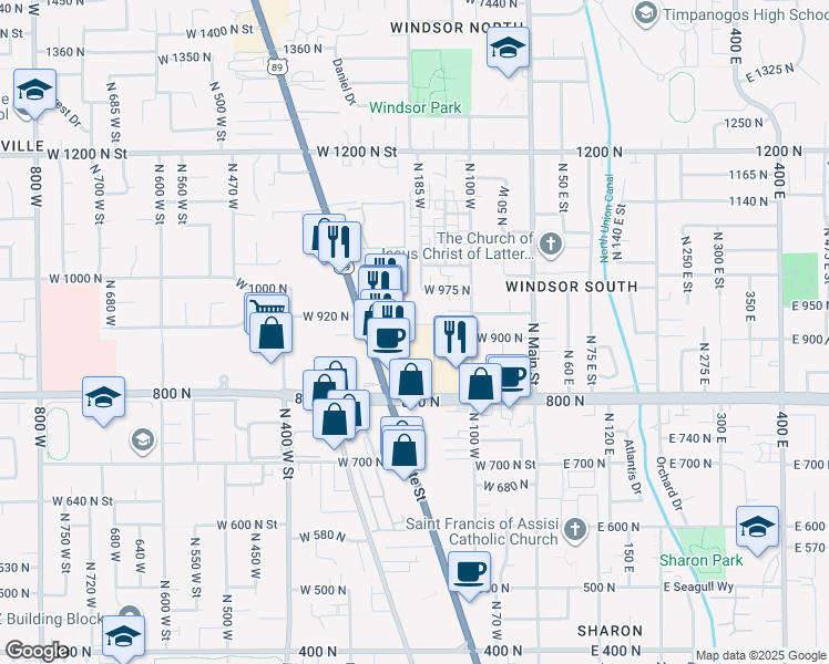 map of restaurants, bars, coffee shops, grocery stores, and more near 191 West 930 North Street in Orem