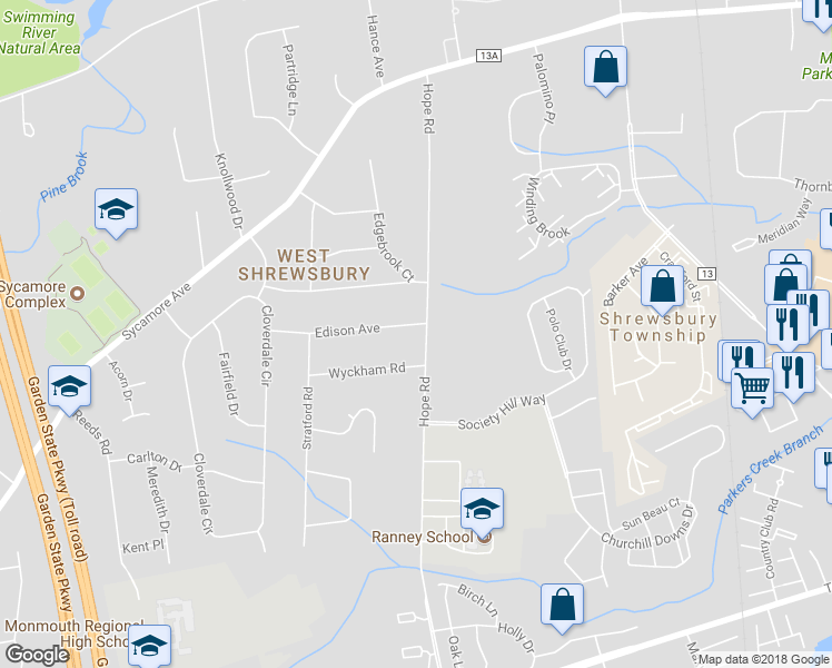 map of restaurants, bars, coffee shops, grocery stores, and more near 6 Edison Avenue in Tinton Falls
