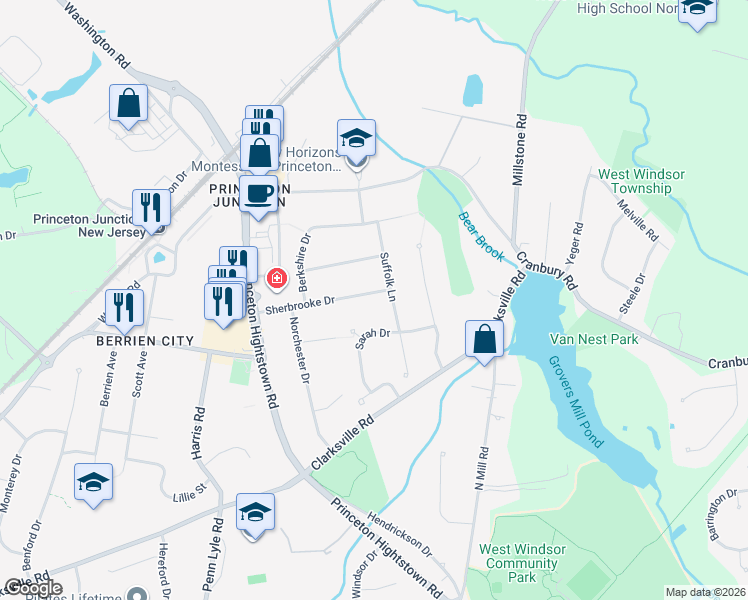 map of restaurants, bars, coffee shops, grocery stores, and more near 26 Sherbrooke Drive in West Windsor Township