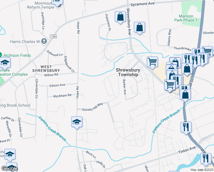 map of restaurants, bars, coffee shops, grocery stores, and more near 65 Society Hill Way in Tinton Falls