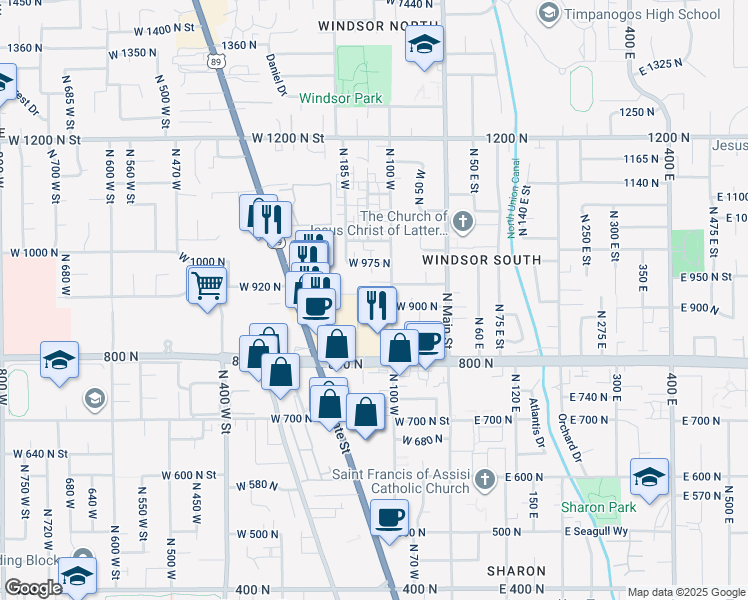 map of restaurants, bars, coffee shops, grocery stores, and more near 135 West 930 North Street in Orem