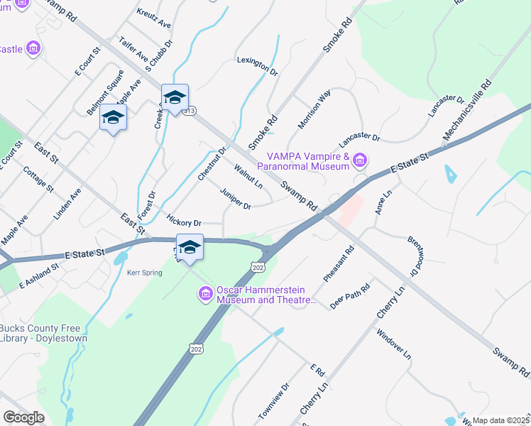 map of restaurants, bars, coffee shops, grocery stores, and more near 18 Juniper Drive in Doylestown
