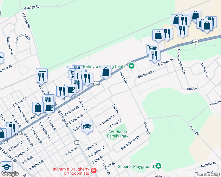 map of restaurants, bars, coffee shops, grocery stores, and more near 1016 East Cherry Street in Palmyra