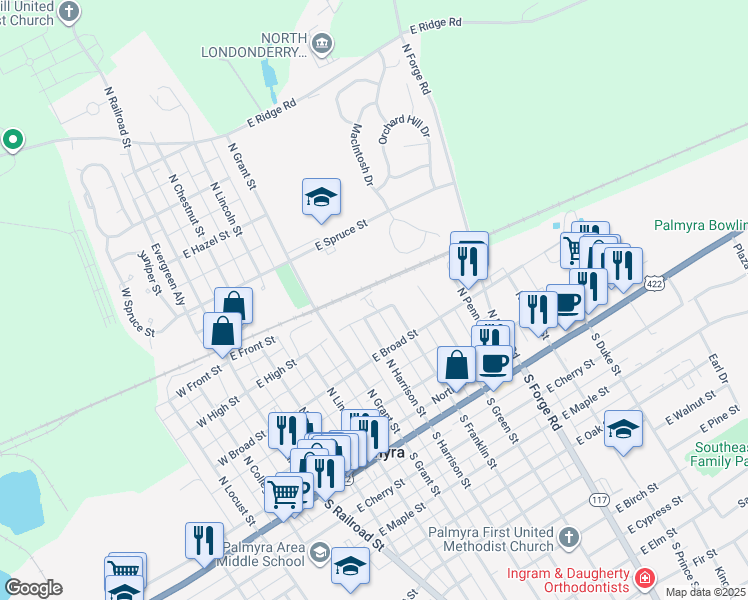 map of restaurants, bars, coffee shops, grocery stores, and more near 475 East High Street in Palmyra