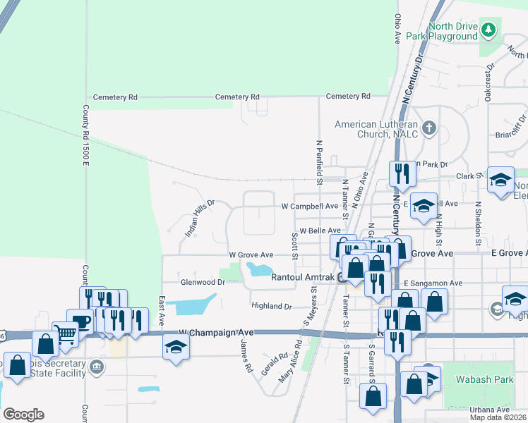 map of restaurants, bars, coffee shops, grocery stores, and more near 404 Neipswah Avenue in Rantoul