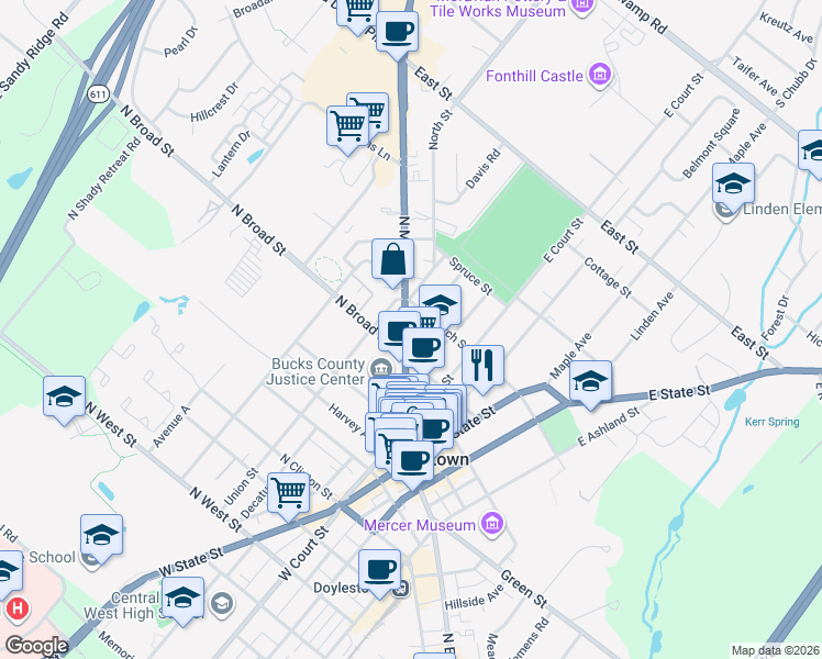 map of restaurants, bars, coffee shops, grocery stores, and more near 175 North Main Street in Doylestown