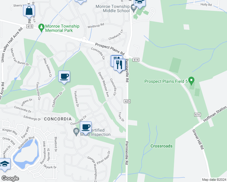 map of restaurants, bars, coffee shops, grocery stores, and more near 5A Barton Court in Monroe Township