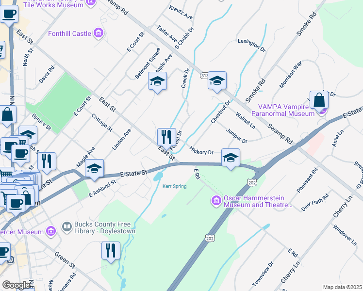 map of restaurants, bars, coffee shops, grocery stores, and more near 36 Forest Drive in Doylestown