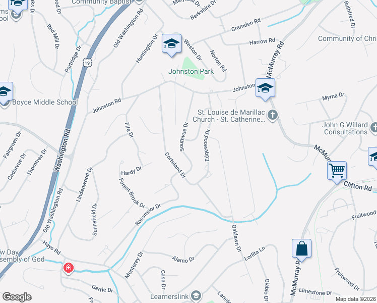 map of restaurants, bars, coffee shops, grocery stores, and more near 2475 Southvue Drive in Pittsburgh