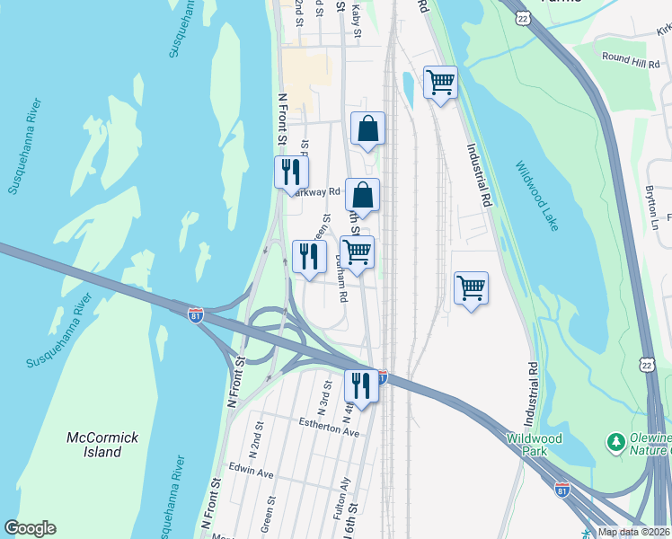 map of restaurants, bars, coffee shops, grocery stores, and more near 3912 Durham Rd in Harrisburg
