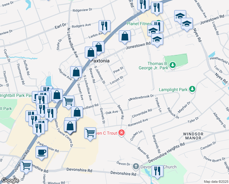 map of restaurants, bars, coffee shops, grocery stores, and more near 5533 Walnut Street in Harrisburg