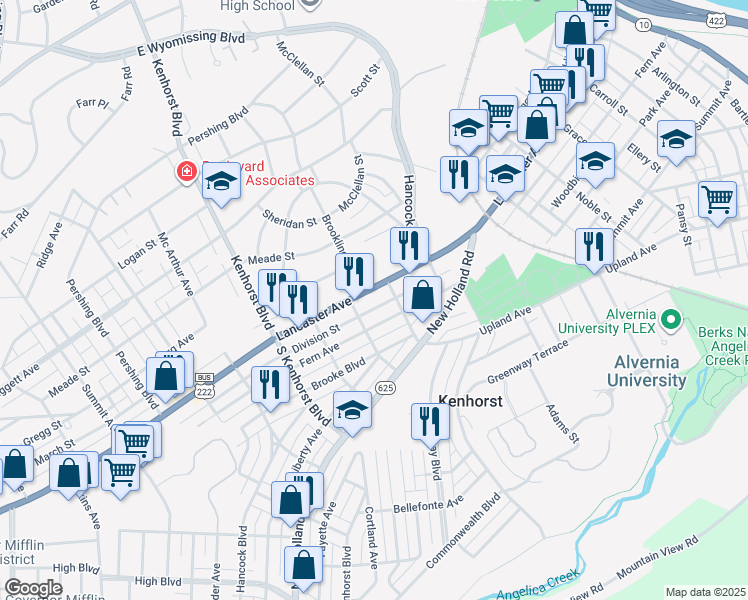 map of restaurants, bars, coffee shops, grocery stores, and more near 1018 Lancaster Avenue in Reading