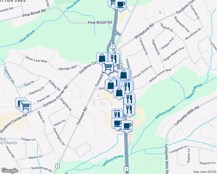 map of restaurants, bars, coffee shops, grocery stores, and more near Towne Pointe in Manalapan Township
