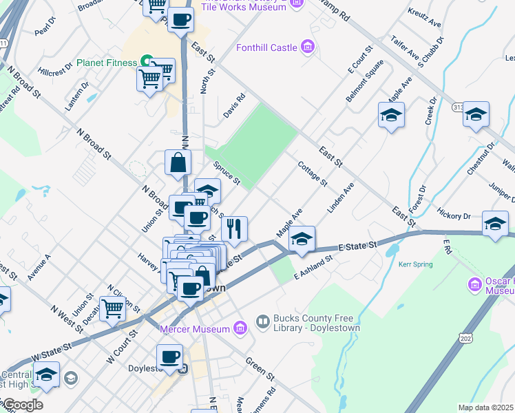map of restaurants, bars, coffee shops, grocery stores, and more near 201 Belmont Avenue in Doylestown