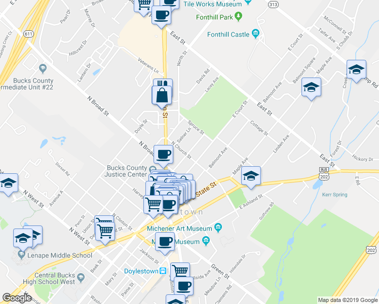 map of restaurants, bars, coffee shops, grocery stores, and more near 140 Mechanics Street in Doylestown