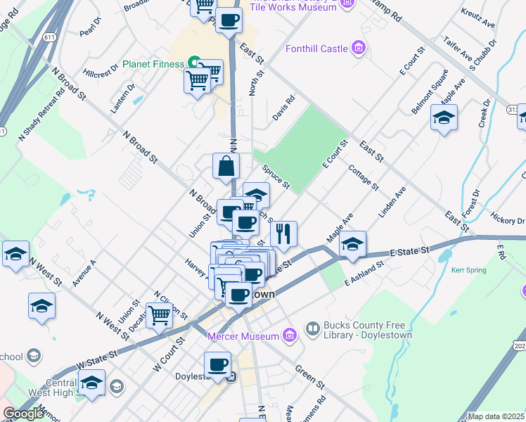 map of restaurants, bars, coffee shops, grocery stores, and more near 143 Mechanics Street in Doylestown