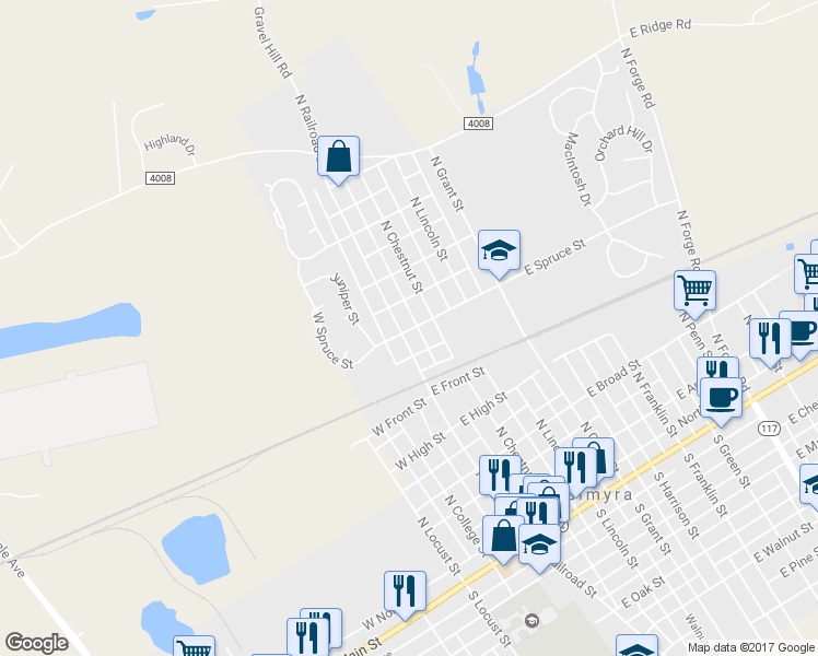 map of restaurants, bars, coffee shops, grocery stores, and more near 500 N Railroad St in Palmyra