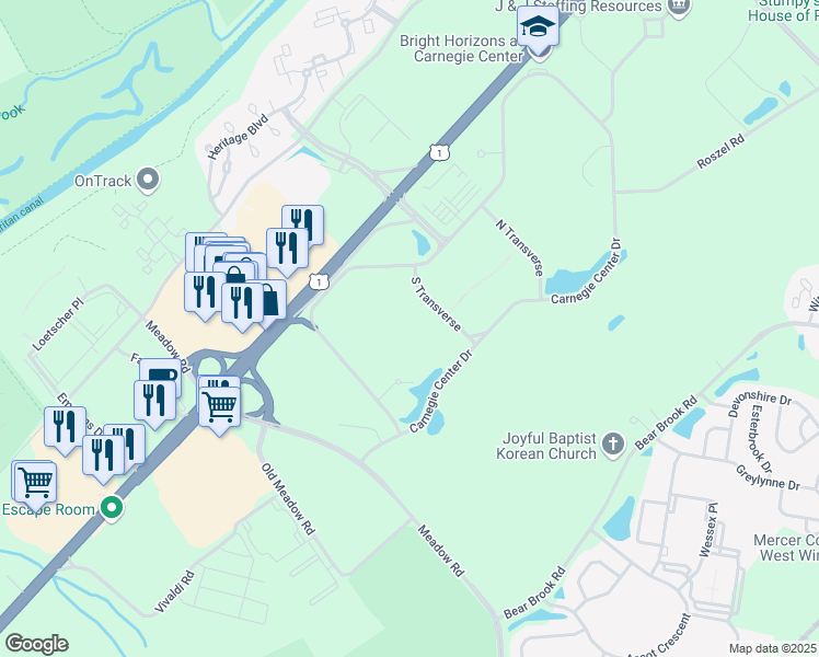 map of restaurants, bars, coffee shops, grocery stores, and more near 502 Carnegie Center Drive in Princeton