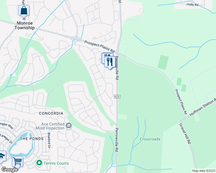 map of restaurants, bars, coffee shops, grocery stores, and more near 177 Concordia Circle in Monroe Township