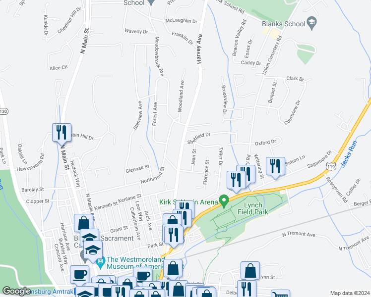 map of restaurants, bars, coffee shops, grocery stores, and more near 621 Harvey Ave in Greensburg