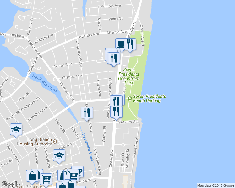 map of restaurants, bars, coffee shops, grocery stores, and more near 456 Ocean Boulevard North in Long Branch