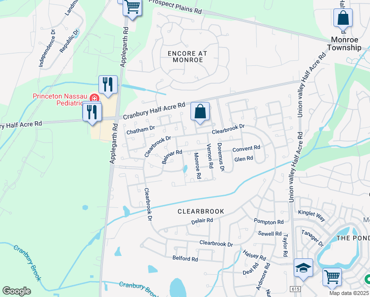 map of restaurants, bars, coffee shops, grocery stores, and more near 163C Kalmia Plaza in Monroe Township