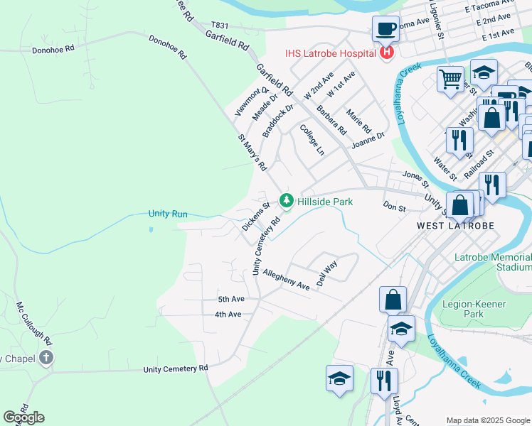 map of restaurants, bars, coffee shops, grocery stores, and more near 50 Dickens Street in Latrobe