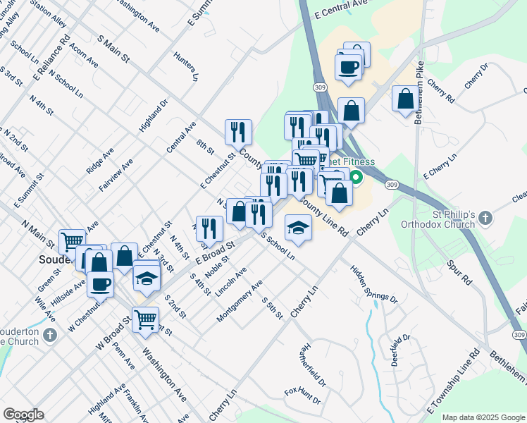 map of restaurants, bars, coffee shops, grocery stores, and more near 601 East Broad Street in Souderton