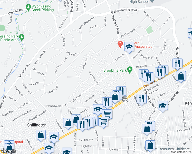 map of restaurants, bars, coffee shops, grocery stores, and more near 421 Pershing Blvd in Shillington