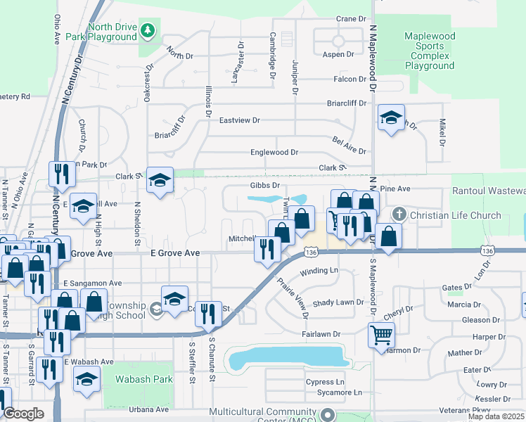 map of restaurants, bars, coffee shops, grocery stores, and more near 322 Gibbs Drive in Rantoul