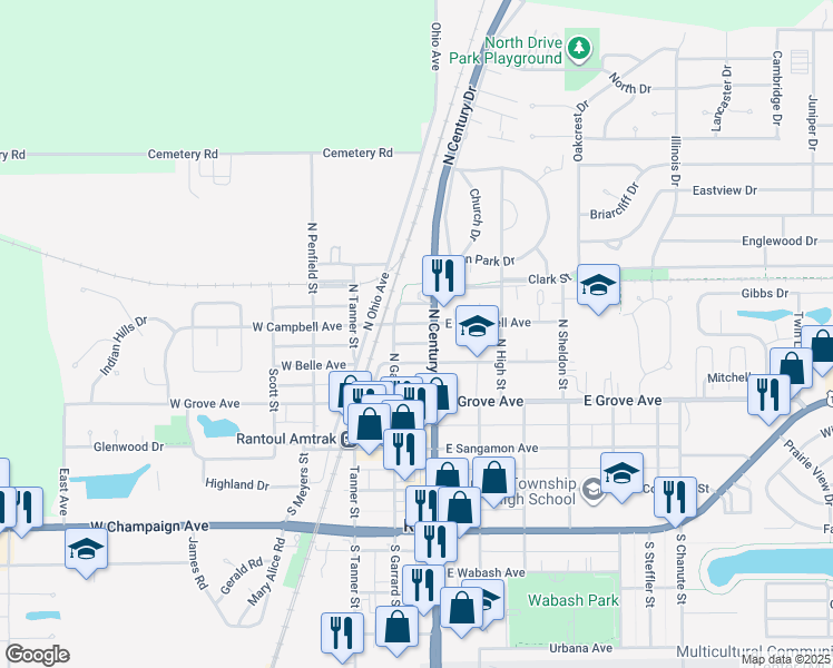 map of restaurants, bars, coffee shops, grocery stores, and more near 218 East Campbell Avenue in Rantoul