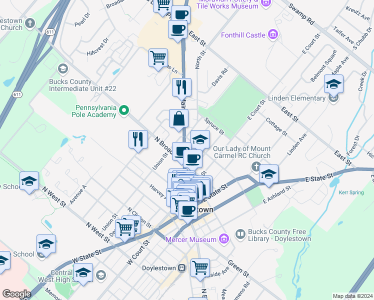 map of restaurants, bars, coffee shops, grocery stores, and more near 175 North Main Street in Doylestown