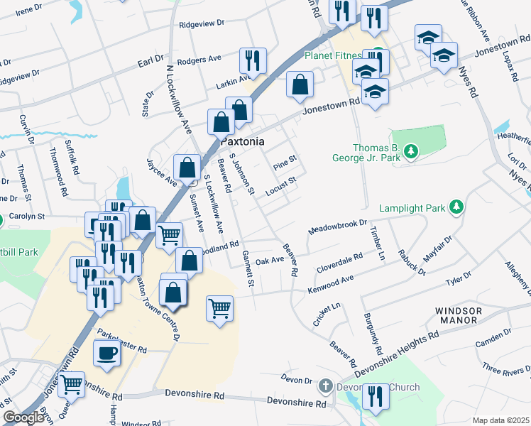 map of restaurants, bars, coffee shops, grocery stores, and more near 5533 Walnut Street in Harrisburg