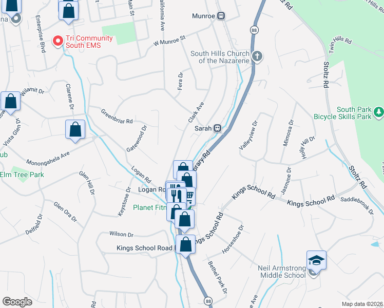 map of restaurants, bars, coffee shops, grocery stores, and more near 4205 Pebble Creek Court in Bethel Park