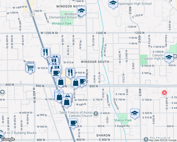 map of restaurants, bars, coffee shops, grocery stores, and more near 16 East 925 North Street in Orem
