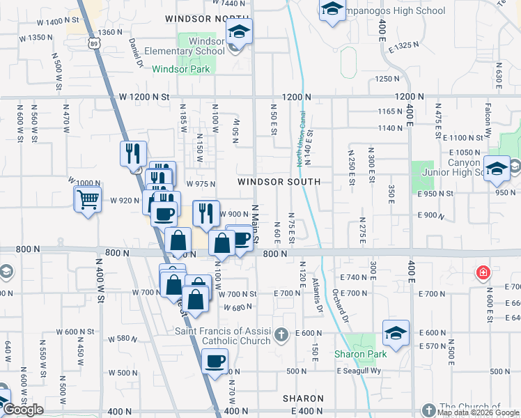 map of restaurants, bars, coffee shops, grocery stores, and more near 16 East 925 North Street in Orem