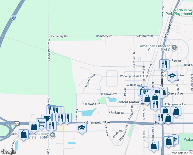 map of restaurants, bars, coffee shops, grocery stores, and more near 437 Moraine Court in Rantoul