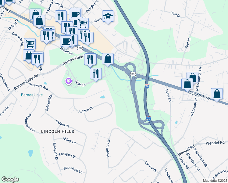 map of restaurants, bars, coffee shops, grocery stores, and more near Ronda Court in Irwin