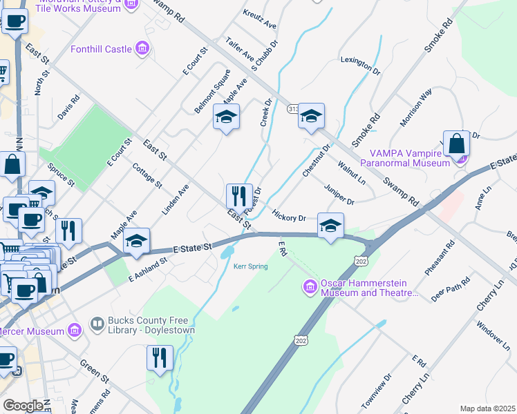 map of restaurants, bars, coffee shops, grocery stores, and more near 36 Forest Drive in Doylestown