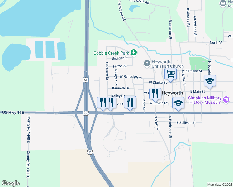 map of restaurants, bars, coffee shops, grocery stores, and more near 703 Kelley Drive in Heyworth