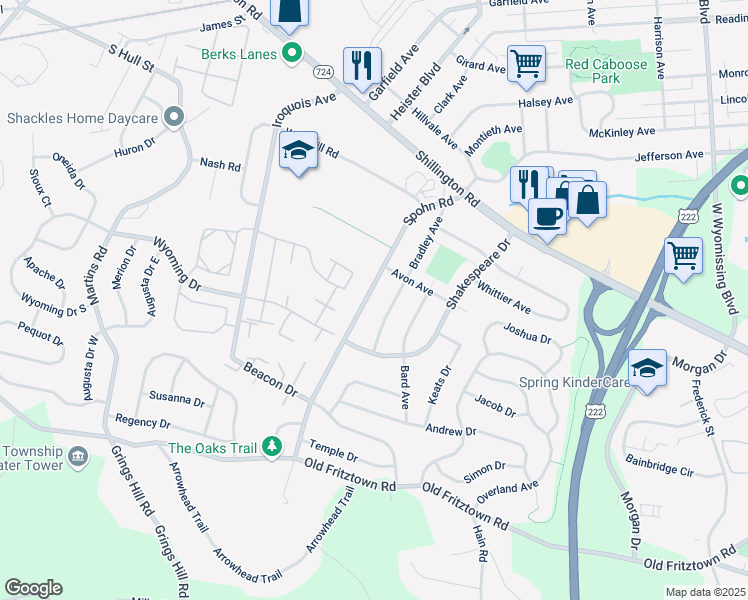 map of restaurants, bars, coffee shops, grocery stores, and more near 219 Spohn Rd in Reading