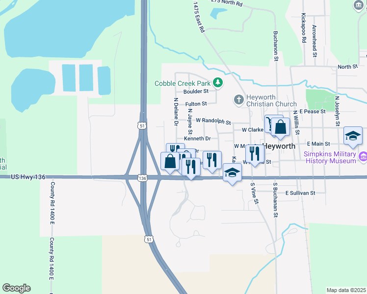 map of restaurants, bars, coffee shops, grocery stores, and more near 703 Kelley Drive in Heyworth