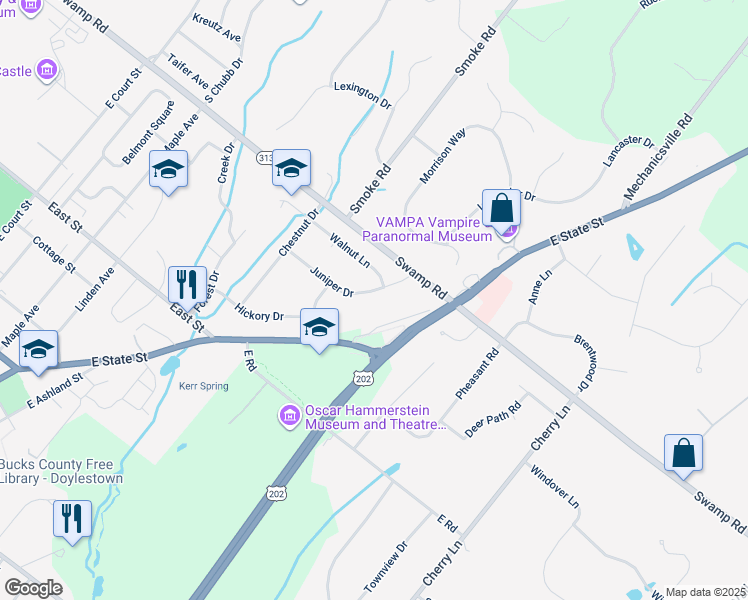 map of restaurants, bars, coffee shops, grocery stores, and more near 18 Juniper Drive in Doylestown