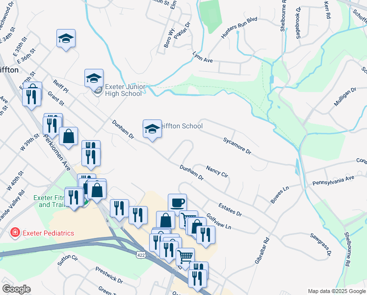 map of restaurants, bars, coffee shops, grocery stores, and more near 10 Hayden Circle in Reading