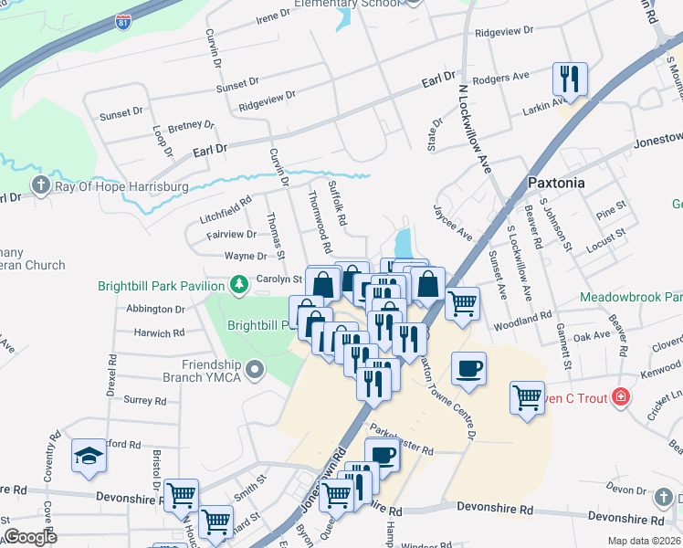 map of restaurants, bars, coffee shops, grocery stores, and more near 29 Carolyn Street in Harrisburg